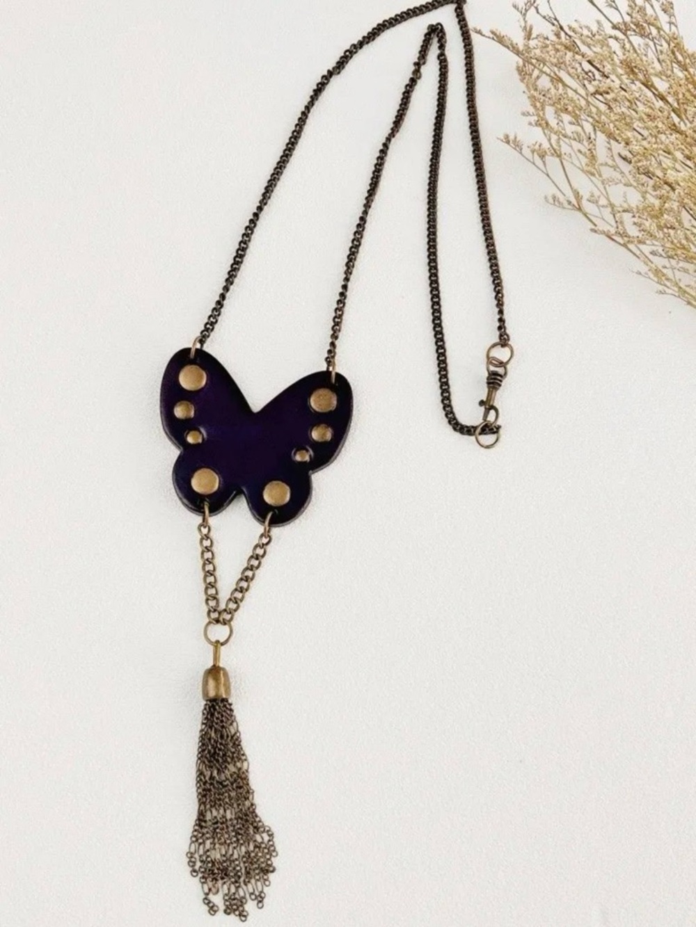Unbranded Purple Leather Studded Butterfly Pendant Necklace with Gold Tassel